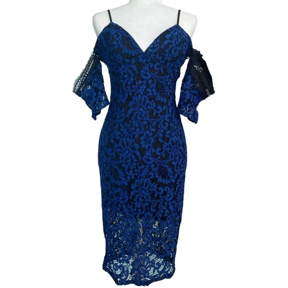 Bardot Women's Taegen Midi Dress Navy Blue Black Size 8 Lace Off Shoulder Lacey - Picture 4 of 9